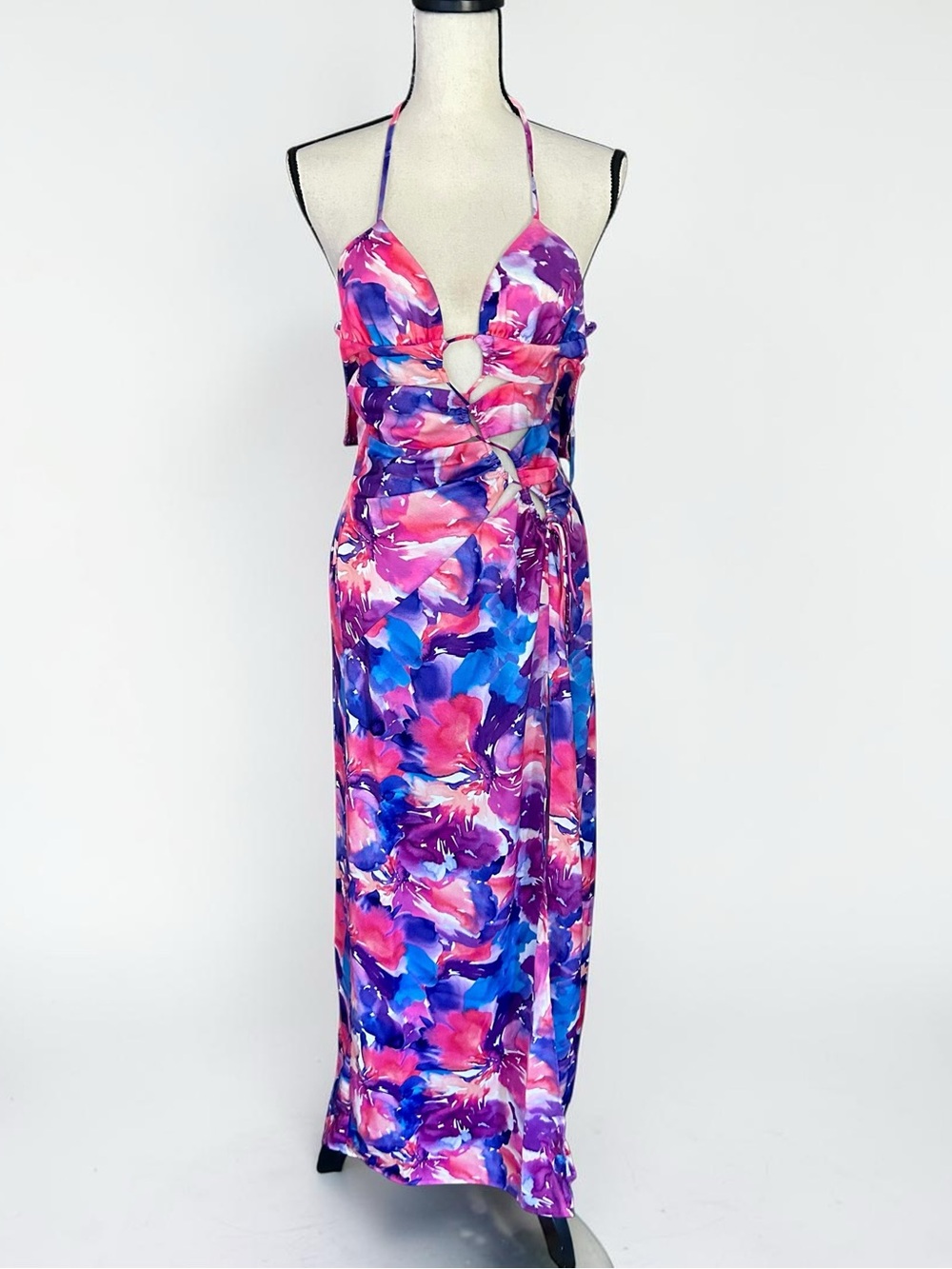 For Love & Lemons Natasha Floral Satin Maxi Dress XS Cutout Vacation Resort - Picture 3 of 13